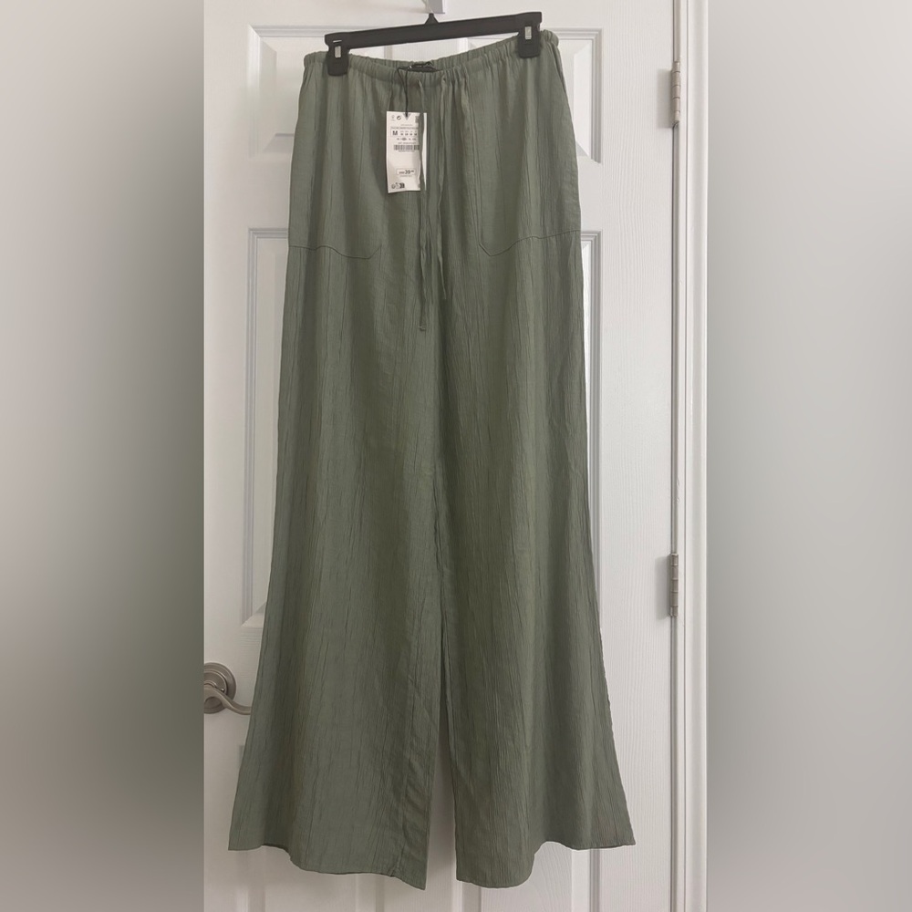 Zara Olive Green Crinkled Pants